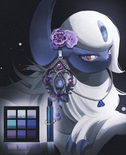 ambiguous_gender claws eyelashes feral flower_accessory fur furgonomics hair horn horn_jewelry jewelry lipstick makeup necklace red_eyes simple_background solo white_body white_fur white_hair mmocc123 nintendo pokemon absol generation_3_pokemon pokemon_(species) 2026 hi_res
