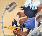 anthro ass_up barber_chair beak black_body black_feathers butt feathers forced male massaging mechanical_barber_chair monorump robot_arm scrub_brush solo strapped_to_a_chair tail tail_feathers zdrer456 looney_tunes warner_brothers daffy_duck anatid anseriform avian bird duck hi_res