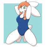 abs anthro breasts buckteeth cleavage clothed clothing eyebrows female freckles green_eyes hair hands_behind_head one-piece_swimsuit open_mouth pose red_hair simple_background solo swimwear teeth wozwald dust_to_dust abbi_(kilinah) lagomorph leporid mammal rabbit 2017 hi_res pinup