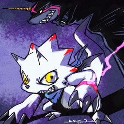 anthro chibi claws duo facial_horn grin horn kerchief male nose_horn purple_background sharp_teeth simple_background smile teeth toe_claws white_body yellow_eyes jinke_jinke bandai_namco digimon digimon_ghost_game ceratopsian digimon_(species) dinosaur gammamon gulusgammamon ornithischian prehistoric_species reptile scalie 1:1