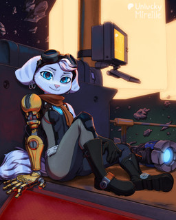 5_fingers anthro belt biped black_boots black_clothing black_eyebrows black_footwear black_gloves black_handwear black_shoes blue_eyes blue_markings blue_stripes bodysuit boots breasts closed_smile clothed clothed_anthro clothed_female clothing cybernetic_arm cybernetic_limb ear_markings ear_piercing ear_ring eyebrows eyelashes eyewear eyewear_on_head female female_anthro fingers footwear fully_clothed fully_clothed_anthro fully_clothed_female fur fur_tuft gloves goggles goggles_on_head grey_bodysuit grey_clothing grey_skinsuit hammer handwear head_tuft iris looking_at_viewer machine markings mouth_closed orange_scarf piercing pink_nose plantigrade pose prosthetic prosthetic_arm prosthetic_limb pupils ring_(marking) ring_piercing ringed_tail scarf shoes sitting skinsuit slim slim_anthro small_breasts smile smiling_at_viewer solo striped_body striped_fur striped_markings striped_tail stripes tail tail_markings text three-quarter_view tight_clothing tools tuft white_body white_fur white_sclera white_tail white_tuft unluckymireille ratchet_and_clank sony_corporation sony_interactive_entertainment rivet_(ratchet_and_clank) lombax mammal 2026 4:5 artist_name digital_media_(artwork) english_description english_text full-length_portrait hi_res portrait shaded