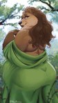 anthro back_fat bare_shoulders belly big_belly big_butt black_nose blurred_background brown_body brown_eyes brown_fur brown_hair butt clothing dress eyelashes female forest forest_background fur green_clothing green_dress hair huge_butt lips long_hair looking_at_viewer looking_back mature_female nature nature_background neck_tuft obese obese_female overweight overweight_female plant rear_view short_tail smile solo tail tail_outline thick_bottom_lip tree tuft wide_hips wrinkles noviraine nora_(tasanko) bear brown_bear mammal ursine 2024 9:16 digital_media_(artwork) signature