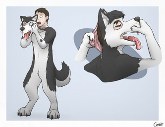 anthro blue_eyes border brown_hair clothing consensual_transformation costume eyes_closed fur fursuit hair head_tuft holding_mask male mask mid_transformation multicolored_body multicolored_fur simple_background solo standing suit_transformation tail text tongue tongue_out tongue_sleeve transformation tuft two_tone_body two_tone_fur white_border cervalt hiero_(hierohusky) canid canine canis domestic_dog human husky mammal nordic_sled_dog spitz 2024 artist_name digital_drawing_(artwork) digital_media_(artwork) hi_res sequence