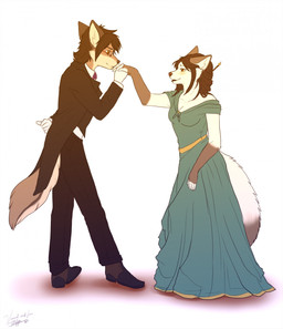 anthro clothing dancing dress duo female footwear gloves hair hand_holding handwear kissing male shoes tail tatujapa lira_(tatujapa) vin_(tatujapa) canid canine canis fox mammal wolf 2018 digital_media_(artwork) hi_res signature