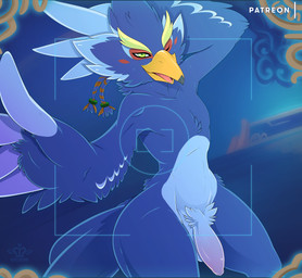 anthro balls beak big_hands blue_background blue_body blue_feathers camera_view cheek_tuft crotch_tuft dipstick_beak eye_markings eyebrows facial_tuft feather_hands feathered_crest feathers femboy flaccid foreskin front_view genitals green_eyes hand_behind_head head_crest long_foreskin looking_at_viewer male markings one_eye_closed open_beak open_mouth penis pose simple_background small_waist smooth_foreskin solo standing tail tail_feathers thick_eyebrows thick_thighs tuft unretracted_foreskin wide_hips wink winking_at_viewer nikkibunn breath_of_the_wild nintendo the_legend_of_zelda revali avian bird rito 2019 absurd_res hi_res portrait three-quarter_portrait