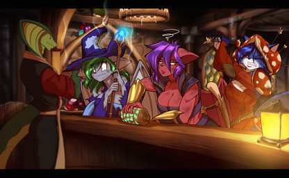 anthro armor arrow_(weapon) bar bartender big_breasts black_clothing blue_body blue_eyes blue_fur blue_hair breasts bruised cleavage clothed clothed_anthro clothed_female clothed_male clothing female fur green_body green_hair grey_body group hair hat headgear headwear holding_object holding_staff magic_user male melee_weapon membrane_(anatomy) membranous_wings multicolored_body multicolored_fur purple_hair ranged_weapon red_body red_clothing robe snake_hood staff sword tail tavern two_tone_body two_tone_fur vambrace weapon white_body white_fur wings wizard_hat ooo-belise-ooo toughset brem_(bremfur) firra shotty_the_fruit_bat bat canid canine cobra fox mammal megabat reptile scalie snake 2023 hi_res