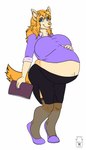 anthro belly big_belly blonde_hair blue_eyes clothed clothing ear_piercing female fur glistening glistening_eyes hair huge_belly inner_ear_fluff logo looking_at_viewer piercing pregnant pregnant_anthro pregnant_female simple_background smile solo standing tail tuft white_background yellow_body yellow_fur yellow_inner_ear_fluff yellow_tail milk-jug creme_(creme-bean) canid canine canis domestic_dog mammal artist_logo hi_res