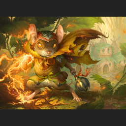 anthro armor barefoot brown_body brown_fur building button_(fastener) cape claws clothing feet fur headgear helmet holding_object holding_staff house leaf leaf_clothing magic male outside plant solo staff standing whiskers jakob_kasper hasbro magic:_the_gathering wizards_of_the_coast mammal mouse murid murine rodent 1:1 2024 official_art