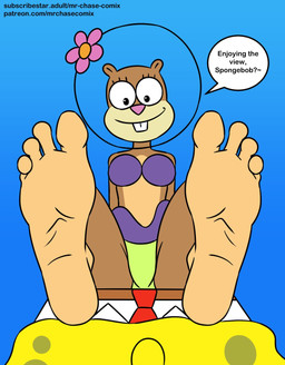 4_toes anthro brown_body buckteeth duo feet female male soles speech_bubble teeth text toes yellow_body mrchasecomix nickelodeon spongebob_squarepants sandy_cheeks spongebob_squarepants_(character) aquatic mammal rodent sciurid sea_sponge tree_squirrel hi_res url