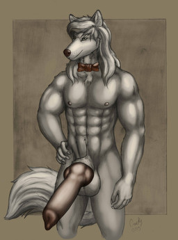 abs animal_genitalia animal_penis anthro balls biceps big_penis biped bow_(feature) bow_tie canine_genitalia canine_penis erection genitals grey_eyes grey_hair hair huge_penis hyper hyper_genitalia hyper_penis knot long_hair long_penis male muscular muscular_anthro muscular_male nipples nude pecs penis simple_background solo conditional_dnp cracky animaniacs warner_brothers wilford_wolf canid canine canis mammal wolf 2015 hi_res signature