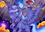 2013 armor blue_eyes blue_hair cloud cutie_mark duo equine fangs female friendship_is_magic hair helmet horn horse jiayi mammal my_little_pony necklace nightmare_moon_(mlp) pony princess_luna_(mlp) red_eyes sky smile stars winged_unicorn wings
Rating: Safe
Score: 8
User: 2DUK
Date: January 17, 2014