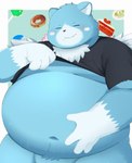 anthro belly big_belly blue_body blush cake candy clothed clothing dessert doughnut eyes_closed food kemono male moobs navel overweight overweight_male pastry raised_clothing raised_shirt raised_topwear shirt solo topwear wings trail_arnak nintendo oracle_of_ages oracle_of_seasons the_legend_of_zelda moosh bear mammal 2023 absurd_res hi_res