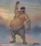 anthro belly big_belly bottomless bottomless_anthro bottomless_male claws clothed clothing fist fur hat headgear headwear humanoid_hands male navel one_eye_closed overweight overweight_anthro overweight_male shirt slightly_chubby slightly_chubby_anthro slightly_chubby_male solo toe_claws topwear wink themorghull disney talespin the_jungle_book baloo bear mammal sloth_bear ursine 2023 absurd_res hi_res signature