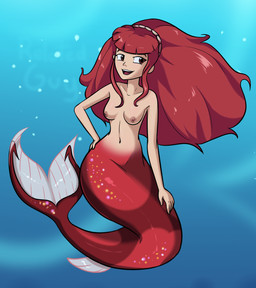 breasts clothed clothing female hair hand_on_hip long_hair open_mouth open_smile red_body red_scales scales small_breasts smile solo split_form topless relatedguy h2o:_mermaid_adventures rikki_chadwick aquatic humanoid merfolk hi_res