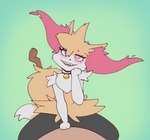 anthro blush duo female female_on_top fur heart_eyes heart_symbol inner_ear_fluff male male/female male_on_bottom on_bottom on_top open_mouth simple_background tuft yellow_body yellow_fur traknoch nintendo pokemon braixen canid canine generation_6_pokemon mammal pokemon_(species) hi_res