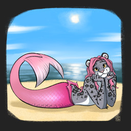 amber_eyes anthro beach female fur grey_body grey_fur hair light looking_at_viewer lying markings mermaid_tail mermaidification pink_body pink_hair pink_scales round_ears sand scales sea sky skyscape smile solo split_form spots spotted_markings sun sunlight water white_body white_fur una_panthera mermay_2025 ane_(anetxuu) aquatic felid mammal merfolk pantherine snow_leopard 1:1 hi_res