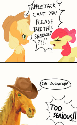 2_panel_comic accessory age_difference blonde_mane blush bow_ribbon brown_clothing brown_hat brown_headwear closed_frown clothing cowboy_hat dialogue duo eyelashes eyes_closed female female_feral feral freckled_face freckles frown frowning_at_another fur furrowed_brow furrowed_eyebrows green_eyes hair_accessory hair_bow hair_ribbon hat headgear headwear humor larger_female larger_feral long_mane mane medium_mane mouth_closed name_drop name_in_dialogue nickname older_female older_feral orange_body orange_fur pink_bow pink_tongue question_mark red_mane ribbons simple_background size_difference smaller_female smaller_feral speech_bubble text tongue white_background white_freckles yelling yelling_at_another yellow_body yellow_fur young young_female young_feral younger_female younger_feral starburst_uwu friendship_is_magic hasbro my_little_pony too_serious apple_bloom_(mlp) applejack_(mlp) earth_pony equid equine horse mammal pony 2025 absurd_res colored comic digital_media_(artwork) english_description english_text hi_res meme shaded simple_shading sibling_(lore) sister_(lore) sisters_(lore)