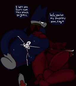 after_sex anthro backsack balls black_background blue_body blue_fur bodily_fluids butt clothing cum cum_in_ass cum_inside cum_string dialogue dipstick_tail duo fur genital_fluids genitals hand_on_butt head_tuft heart_after_text heart_symbol homophobic_slur humanoid_genitalia humanoid_penis leaking leaking_cum looking_at_another male male/male markings nude nude_anthro nude_male open_mouth pawpads paws penis shirt simple_background speech_bubble tail tail_markings text topwear tuft white_body white_fur white_text vroorv animal_crossing nintendo fan_character red_(vroorv) rover_(animal_crossing) domestic_cat felid feline felis mammal 2026 english_text hi_res