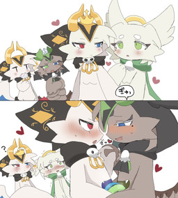 6_arms anthro anthro_on_anthro being_watched belly_mouth biped blue_eyes blue_tongue blush blush_lines candy cheek_tuft circle_eyebrows clothed clothing cross-popping_vein crown dessert dual_persona eyebrows eyelashes facial_tuft fangs flustered food french_kissing fur green_eyes green_horn green_tongue grey_body grey_fur group halo hand_holding headgear headwear heart_symbol hearts_around_body heterochromia horn interlocked_fingers kemono kissing lollipop lollipop_in_mouth looking_at_another looking_at_partner male male/male midriff monotone_body monotone_fur multi_arm multi_limb open_mouth open_smile question_mark red_eyes romantic romantic_couple simple_background smile sound_effects standing teeth text tongue tongue_out tuft voyeur white_background white_body white_fur yellow_horn boyafu devil_connection makemon bbb_(devil_connection) nisroch_(makemon) angel arachnid arthropod demon fallen_angel lagomorph mammal spider 2026 colored digital_media_(artwork) hi_res japanese_text