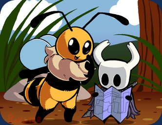 ambiguous_gender antennae_(anatomy) anthro arthropod_abdomen black_eyes cloak clothing dirt duo fluffy grass horn map mask plant rock smile stinger tree wearing_mask wings plokster bug_fables hollow_knight_(franchise) moonsprout_games team_cherry the_knight_(hollow_knight) vi_(bug_fables) arthropod bee hymenopteran insect vessel_(species) digital_media_(artwork)