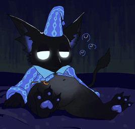 3_toes 4_fingers accessory ambiguous_gender anthro barefoot beak beak_closed big_ears biped black_beak black_body black_ears black_fur black_tail black_tail_tuft blue_clothing blue_hat blue_headgear blue_headwear blue_inner_ear blue_pajamas blue_pawpads blue_topwear bottomless bottomless_ambiguous bottomless_anthro chain_accessory claws clothed clothed_ambiguous clothed_anthro clothing crescent_moon empty_eyes featureless_crotch feet finger_claws fingers fur glowing glowing_eyes half-closed_eyes hat headgear headwear hindpaw long_tail lying moon mouth_closed narrowed_eyes nightcap on_back open_clothing open_topwear pajamas pattern_clothing pattern_hat pattern_headgear pattern_headwear pattern_topwear pawpads paws semi-anthro sleepwear slightly_chubby slightly_chubby_ambiguous slightly_chubby_anthro solo tail tail_tuft three-quarter_view tired toe_claws toes topwear tuft white_eyes young young_ambiguous young_anthro commonbleat deadlock_(game) mythology valve rem_(deadlock) avian chimera dream_creature gryphon mythological_avian mythological_creature 2026