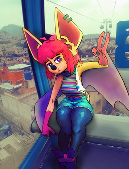 2_toes 3_fingers anthro city clothed clothed_anthro clothed_female clothing detailed_background feet female female_anthro fingers looking_at_viewer multicolored_clothing photo photo_background pose rainbow_clothing sitting solo toes stlkr fan_character bat mammal absurd_res digital_drawing_(artwork) digital_media_(artwork) hi_res photography_(artwork)