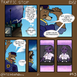 anthro belt bodily_fluids car clothed clothing cloud collared_shirt creepy dress_shirt electronics gesture male masculine menacing_aura muscular muscular_anthro muscular_male name_tag pablo_police_bear_(p.p.bigger_world_au) police police_badge police_hat police_officer police_uniform red_eyes shirt sitting slightly_chubby solo speech_bubble standing sweat teeth teeth_showing topwear uniform vehicle walkie-talkie waving waving_goodbye valken_holmes bear felid feline mammal character_request hi_res