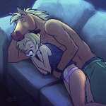 anthro clothing duo eyes_closed female furniture inside interspecies male protective romantic romantic_couple sleeping sofa tail underwear merystic rapier4 cougar equid equine felid feline horse mammal 1:1 low_res