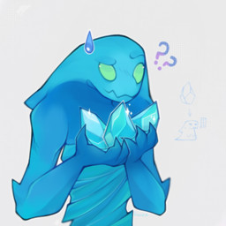 ambiguous_gender blue_body confusion directional_arrow empty_eyes eyebrows glint glistening glistening_eyes green_eyes holding_ice holding_object not_furry question_mark raised_eyebrow simple_background solo water water_body white_background kauryazxc dota valve morphling elemental_creature water_creature 2025 digital_drawing_(artwork) digital_media_(artwork) english_description half-length_portrait hi_res portrait
