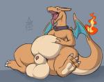 animal_genitalia balls belly big_balls feral genitals male non-mammal_balls open_mouth orange_balls overweight overweight_feral overweight_male penis pink_penis sheath simple_background solo tail tongue tongue_out covertcanine mythology nintendo pokemon razi_(covertcanine) charizard dragon generation_1_pokemon mythological_creature mythological_scalie pokemon_(species) scalie 2019