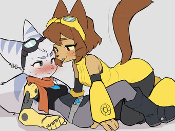all_fours anthro belt blep blue_eyes blush breasts brown_body brown_hair clothing cybernetic_arm cybernetic_limb duo ear_piercing ear_ring eyebrows eyelashes eyewear eyewear_on_head female goggles goggles_on_head hair head_tuft lying magenta_eyes on_back piercing ring_piercing scarf striped_body stripes tongue tongue_out tuft whiskers white_body yellow_sclera lilkon gameoverse glitch_productions ratchet_and_clank sony_corporation sony_interactive_entertainment kit_bodega rivet_(ratchet_and_clank) domestic_cat felid feline felis lombax mammal 2026 crossover