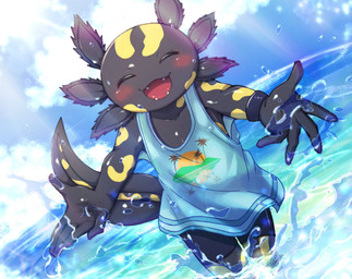 5_fingers ambiguous_gender anthro black_body black_bottomwear black_clothing black_shorts blue_clothing blue_shirt blue_tank_top blue_topwear bottomwear clothing cloud eyes_closed fangs fingers happy open_mouth sea shirt shorts sky solo spread_arms tail tank_top teeth tongue topwear water wet wet_body yellow_body young young_ambiguous young_anthro kochi662368621 epic_games fortnite axo_(fortnite) amphibian axolotl marine mole_salamander salamander 2023 hi_res male_(lore)