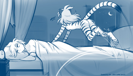all_fours annoyed anthro bed bedroom bedroom_window bouncing breasts butt casual_nudity clock digitigrade duo faceless_character faceless_female featureless_breasts featureless_crotch female fur furniture lying male moon night nude on_bed on_side pawpads rear_view running side_boob striped_body striped_fur stripes tail tired under_covers window conditional_dnp tom_fischbach twokinds flora_(twokinds) trace_legacy felid human keidran mammal pantherine tiger 2021 7:4 adobe_photoshop_(artwork) blue_and_white digital_media_(artwork) hi_res monochrome sketch