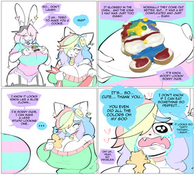 4_panel_comic anthro backwards_baseball_cap backwards_hat baseball_cap bell bell_collar big_breasts biped black_baseball_cap black_clothing black_legwear black_thigh_highs blue_clothing blue_hair blue_sweater blue_topwear blush bodily_fluids bottomwear breasts bulge cleavage clothed clothed_anthro clothed_gynomorph clothing collar conjoined_speech_bubble cookie crying dialogue duo ellipsis eyes_closed female food fur furgonomic_baseball_cap furgonomic_hat furgonomic_headwear furgonomics green_clothing green_sweater green_topwear gynomorph gynomorph_anthro hair hair_over_eye hat headgear headwear heart_symbol hotpants huge_breasts inner_ear_fluff intersex intersex_anthro legwear linked_speech_bubble long_ears multicolored_clothing multicolored_hair multicolored_sweater multicolored_topwear pattern_clothing pattern_sweater pattern_topwear pink_clothing pink_hair pink_sweater pink_topwear plate purple_bottomwear purple_clothing purple_hotpants purple_shorts question_mark rainbow_hair real scut_tail short_tail shorts simple_background smiley_face speech_bubble striped_clothing striped_sweater striped_topwear stripes sweater tail tears tears_of_joy text thanking thigh_highs topwear tuft two_tone_clothing two_tone_hair two_tone_sweater two_tone_topwear white_background white_body white_fur theycallhimcake finley_(theycallhimcake) pb_(theycallhimcake) domestic_cat felid feline felis lagomorph leporid mallkin mammal rabbit 2024 comic digital_drawing_(artwork) digital_media_(artwork) english_description english_text hi_res busty_boy_(lore) male_(lore)