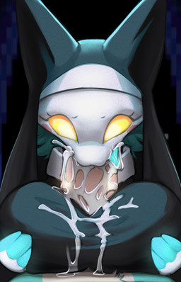 anthro blue_hair bodily_fluids breasts clothing cum cum_in_mouth cum_inside cum_on_clothing cum_on_tongue duo fellatio female genital_fluids glowing glowing_eyes hair holding_breast machine male male/female nun nun_outfit nun_veil oral penile saliva sex tongue yellow_eyes storm_(artist) deltarune undertale_(series) tasque_manager tasque_manager_(nun) darkner felid mammal robot