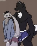 alternate_color anthro bulge clothing duo male male/male open_mouth simple_background smile submissive underwear pale0punk chase_the_otter canid canine canis mammal mustelid otter wolf