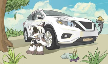 ambiguous_feral ambiguous_gender anthro blue_eyes car detailed_background duo fangs feral grass kemono machine male plant teeth tree vehicle eibvdy arthropod butterfly canid canine canis domestic_dog insect lepidopteran living_car living_machine living_vehicle mammal 2023 hi_res