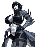 abs anthro big_breasts big_tail black_hair black_sclera breasts clothed clothing colored_sclera female fingerless_gloves gloves hair handwear humanoid_face humanoid_pointy_ears midriff monster_girl_(genre) muscular muscular_female non-mammal_breasts open_mouth pointy_ears pupils sharp_teeth short_hair simple_background slit_pupils solo swimwear tail teeth thigh_strap white_background yellow_eyes sotcho animal_humanoid fish humanoid marine shark absurd_res hi_res