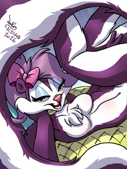 accessory anthro bedroom_eyes bow_ribbon breasts countershading eye_through_hair eyelashes eyeshadow featureless_breasts female fur hair hair_accessory hair_bow hair_ribbon long_tail looking_at_viewer lounging lying makeup narrowed_eyes nude nude_anthro nude_female on_back open_mouth open_smile pose purple_body purple_fur purple_hair ribbons seductive smile solo tail translucent translucent_hair white_body white_countershading white_fur joakaha tiny_toon_adventures warner_brothers fifi_la_fume mammal mephitid skunk 2026 dated hi_res pinup signature