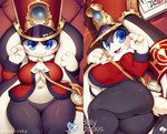 anthro big_breasts big_butt big_ears black_body black_fur blue_eyes bottomless breasts butt butt_from_the_front cape chain clock clothed clothing cotton_tail cravat dakimakura featureless_crotch female floppy_ears fur gold_(metal) gold_chain hat headgear headwear long_ears looking_at_viewer lop_ears lying on_back on_side open_mouth open_smile pocketwatch red_clothing red_topwear rosy_cheeks short_stack smile solo thick_thighs topwear watch white_body white_fur wide_hips krokobyaka honkai:_star_rail mihoyo pom-pom_(honkai:_star_rail) lagomorph leporid mammal rabbit dakimakura_design hi_res