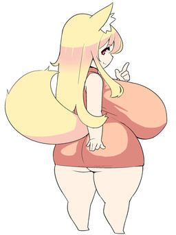 barefoot big_breasts big_butt blonde_hair breasts butt clothing feet female hair huge_breasts huge_thighs looking_back rear_view red_eyes simple_background smile solo tail thick_thighs futon_(artist) animal_humanoid canid canid_humanoid canine canine_humanoid fox_humanoid humanoid mammal mammal_humanoid character_request hi_res