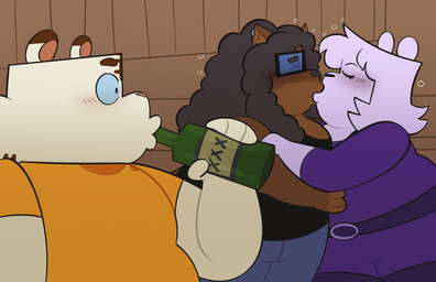 alcohol anthro beer beer_bottle beverage bottle bubble clothed clothing container drunk drunk_bubble female fur group making_out male overweight overweight_anthro overweight_female overweight_male striped_body stripes substance_intoxication topwear trio white_body white_fur sugarbunnyb1 kevin(sugarbunnyb1) macy(sugarbunnyb1) ophelia_(sona) bear domestic_cat felid feline felis mammal pantherine polar_bear tiger ursine absurd_res hi_res