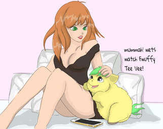 ambiguous_feral ambiguous_gender baby_talk black_clothing black_topwear brown_hair cellphone clothed clothed_female clothed_human clothing cushion dialogue duo electronics eye_contact eyelashes female female_human feral fur green_eyes green_hair green_tail grey_eyes grey_hooves hair happy headpat hooves light_body light_skin lips looking_at_another open_mouth phone red_lips smartphone smile tail teeth text topwear yellow_body yellow_fur young young_ambiguous young_feral carpdime fluffy_pony fluffy_pony_(species) human mammal digital_media_(artwork) english_text shaded