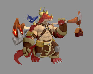 adventure anthro armor feral fire grey_background hut male muscular orange_eyes simple_background weapon wolfanine european_mythology mythology nameless_character avian bird dragon mythological_creature mythological_scalie scalie western_dragon wingless_dragon