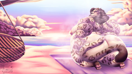 anthro beach big_butt blue_eyes butt cloud dark_spots detailed_background fluffy fluffy_tail fur grey_body grey_fur hair horizon long_hair looking_at_viewer male markings moobs musk musky_butt nipples nude obese obese_anthro obese_male overweight overweight_anthro overweight_male pawpads paws pink_nipples rear_view sea smile solo spots spotted_body spotted_fur sunset tail towel water lionberrymochi felid mammal pantherine snow_leopard absurd_res detailed hi_res