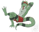2007 abs anthro clothed clothing crossed_legs guana hands_behind_head iguana iguanid kiwaku lizard long_tail long_tongue male open_mouth partially_clothed reclining reptile scalie solo spikes tail tapering_tail tongue tongue_out