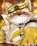 anthro blush eyewear facial_hair fur goggles grin heart_symbol looking_at_viewer male mustache nipples short_stack slightly_chubby smile solo yellow_body yellow_fur chigiri lifewonders live_a_hero procy canid canine canis domestic_dog mammal 4:5 absurd_res digital_media_(artwork) hi_res