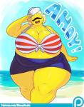 :d belly big_belly big_breasts bikini blonde_hair breasts clothing eyes_closed female glistening glistening_body hair hat headgear headwear huge_breasts not_furry obese obese_female obese_humanoid open_mouth overweight overweight_female overweight_humanoid short_hair smile solo swimwear teeth thick_thighs two-piece_swimsuit wide_hips yellow_body yellow_skin dieselbrain sucy cyclops humanoid hi_res