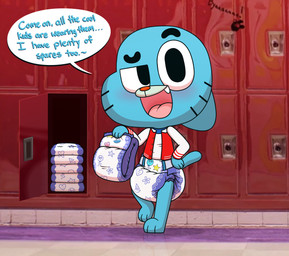 ageplay anthro biped clothed clothing cushies_(diaper) dialogue diaper folded_diaper holding_diaper infantilism jacket locker looking_at_viewer male roleplay solo speech_bubble text three-quarter_view topwear touching_diaper wearing_diaper young young_anthro young_male tenerius abuniverse cartoon_network cushies the_amazing_world_of_gumball gumball_watterson domestic_cat felid feline felis mammal cel_shading english_text hi_res shaded