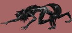 anthro armor black_claws black_hair black_nose bulge butt claws clothing femboy fur green_eyes grey_body grey_fur hair katana long_hair male melee_weapon simple_background skinny solo sword thong toe_claws unconvincing_armor underwear weapon selker selker_ari canid canine canis mammal wolf absurd_res hi_res